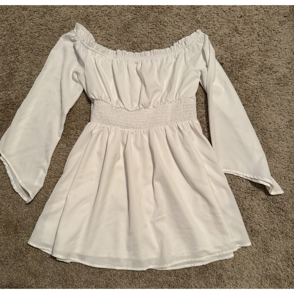 White Off-the-Shoulder Smocked Bell Sleeve Short Sundress Petite M